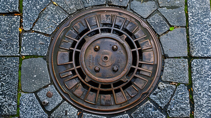 Obraz premium Overhead view of a round manhole cover with a geometric pattern on a cobblestone street surface