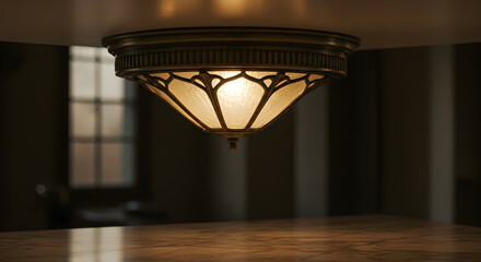 Decorative Ceiling Light With Ornate Design Illuminating Warm Interior Space