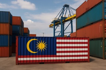 Shipping container with the Malaysian flag at a busy freight port, representing the nation’s international trade and export economy. Malaysia cargo container in global trade terminal

