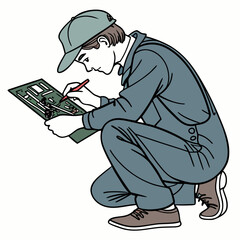 Technician inspecting circuit board kneeling down © Md Kazi Rahman