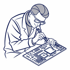Technician carefully soldering circuit board electronics repair