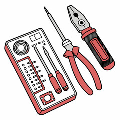 Red hand tools kit screwdriver pliers repairing equipment