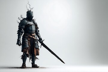 Obraz premium A lone knight stands guard, a beacon of strength against a stark backdrop.