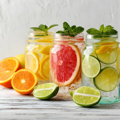Refreshing fruit infused water in mason jars.