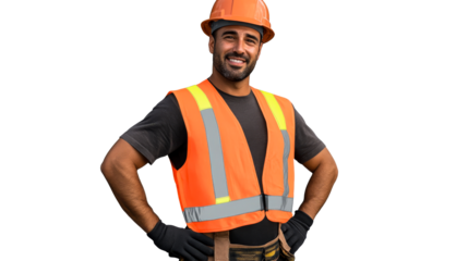 Smiling Hispanic builder in safety vest and helmet, cut out transparent