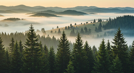 Obraz premium A scenic view of a dense forest with fog rolling in between the trees and distant mountain ranges
