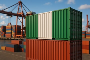 Close-up of a stacked container painted with Nigerian flag. Ideal for Africa-focused logistics or export-themed illustrations.
