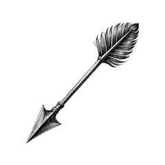 Detailed black arrow with feather fletching on a white background.
