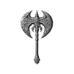 Intricate black illustration of a double-headed axe with ornate details