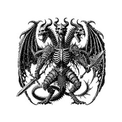 Intricate black and white illustration of a two-headed dragon with skeletal features