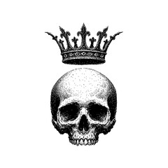 A detailed black and white illustration of a skull with a crown.