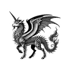 Intricate black and white illustration of a mythical creature with wings and a horn