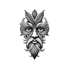 Intricate black and white illustration of a mythical face adorned with foliage