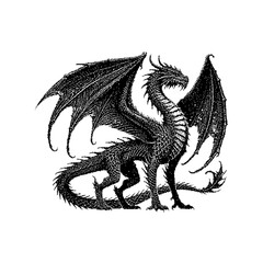 Intricate black and white dragon illustration featuring detailed scales and wings