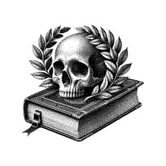 Skull atop a vintage book with laurel leaves, showcasing dark academia style