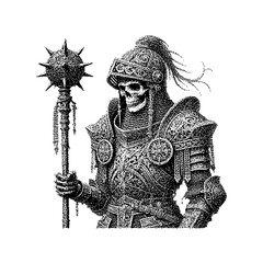 Detailed illustration of a skeletal figure in ornate armor holding a staff