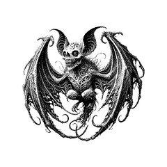 Intricate black and white illustration of a stylized bat with swirling patterns