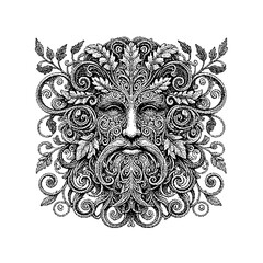 Intricate black and white illustration of a nature-inspired face surrounded by foliage