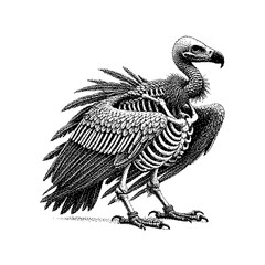 Intricate illustration of a skeletal vulture emphasizing detailed anatomy and texture