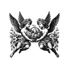 Two cherubic angels holding a circular floral arrangement in a vintage style