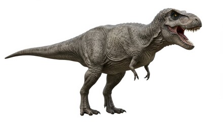 Detailed 3D-rendered depiction of a prehistoric theropod dinosaur with open jaws and textured skin