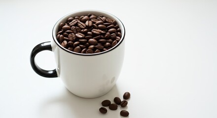 Fototapeta premium Roasted Coffee Beans Overflowing from White Ceramic Mug Isolated on White Background Simplicity of Coffee Time Aroma and Freshness