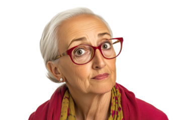 Surprised elderly woman in glasses, cut out transparent
