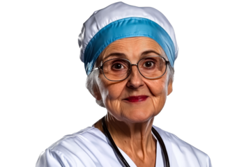 Senior health worker wearing cap and glasses, cut out transparent