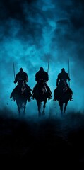 Fototapeta premium Three black-dressed men are seen riding black horses across the dark sky, as if they are undertaking a long journey