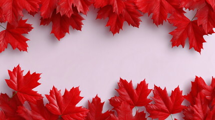 Red maple leaf border on white background with copy space. Autumn decoration element frame. Fall seasonal design template for holiday greeting card.