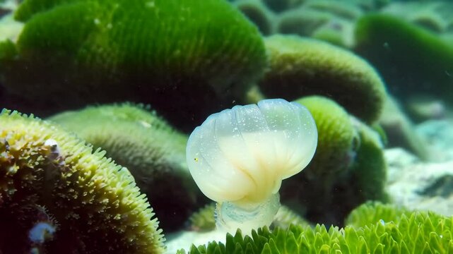 Close-up shot of a Tunicate on colorful coral reef in turquoise ocean water, marine life underwater scene