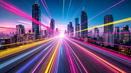 Futuristic Speed Light Trails Across City Highway Surrounded by Skyscrapers During Vibrant Dusk Hour