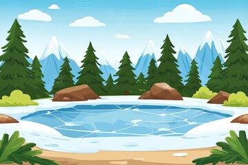 Frozen lake nestled in a wintry mountain landscape