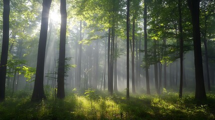 Obraz premium Sunlight filtering through a misty forest.