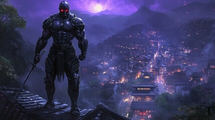 Naklejka premium Feudal Japan's city at dusk is the backdrop for a powerful samurai warrior with a glowing katana in dark fantasy art featuring vibrant colors