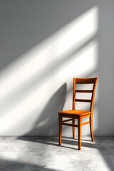 Minimalist interior with a modern wooden chair against a clean white wall. Natural side light and clear shadows create a calm, elegant, and spacious atmosphere. Perfect for design or lifestyle use.