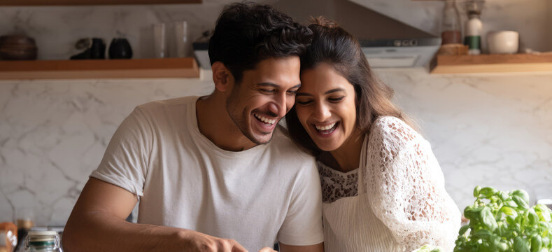 Joyful couple cooking together in modern kitchen, celebrating culinary bond