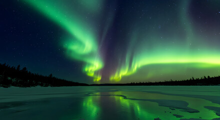 Spectacular Northern Lights Dance Over Frozen Lake Under Starry Night