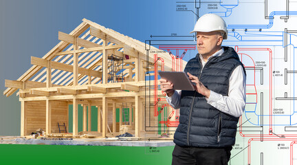 Construction supervisor in hard hat using tablet near wooden house frame with plumbing and HVAC blueprints overlayed. – Construction. Architecture. Engineering.