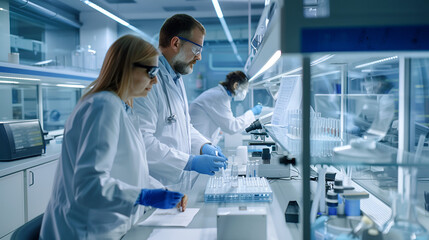 Scientists working in a laboratory with lab coats gloves and safety glasses conducting research work