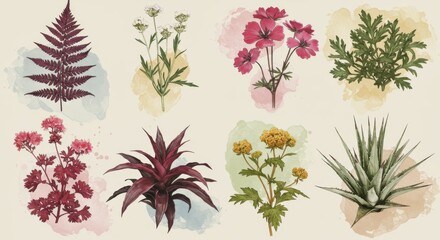 Watercolor Botanical Illustration of Various Plants and Flowers