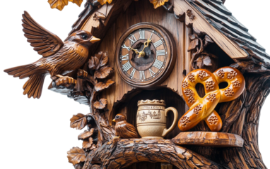 Classic Bavarian cuckoo clock displayed with traditional beer stein and festive decorations representing German heritage isolated on white background PNG