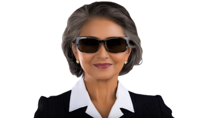 Hispanic businesswoman wearing sunglasses, looking forward, cut out transparent