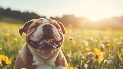 Bulldog running through sunlit meadow in full-body action shot with golden hour lighting and blurred green background, energetic and playful dog outdoors