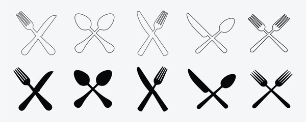 Set of Dining Utensils & Tableware Icons in Line and Silhouette Vector Style on White Background