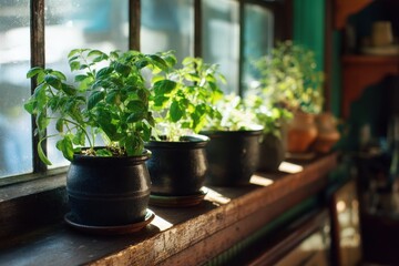 Herbal plants in a sunlit kitchen window