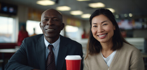 Friendly gathering in a cafe featuring smiling individuals