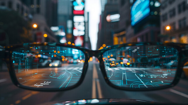 City street view through augmented reality glasses with digital interface overlay at night time scene