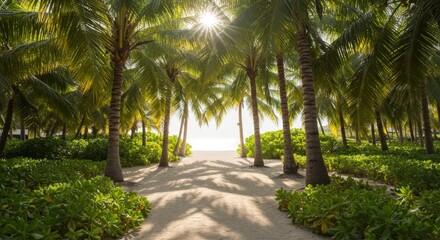 Obraz premium Sunlit Path Through Lush Tropical Palms to Sandy Beach