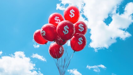 Red balloons with dollar signs float against a bright blue sky (2)